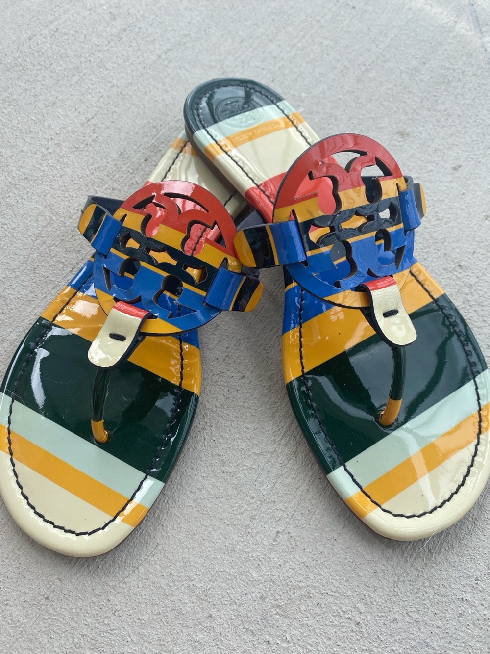 Patricia Multi-Stripe Logo Patent Leather Toe-Post Sandals